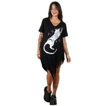 Blusa Maxi Assimétrica Franja Lateral Gato Prateado Feminina Blusa Maxi Assimétrica Franja Lateral Gato Prateado Feminina