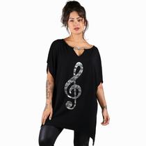 Blusa Maxi Assimétrica Gola V Corrente Estampa Nota Musical