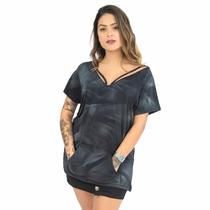 Blusa Maxi Marmorizada Gola V Bolso Canguru Manga Curta