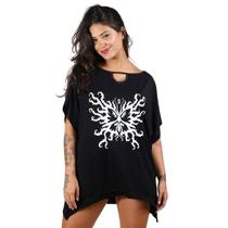 Blusa Maxi Preta Estampa Tribal Borboleta Gótica Assimétrica