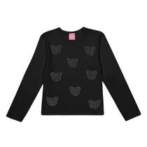 Blusa Menina Manga Longa em Cotton Com Corações de Strass Preto - Cinti Blusa Menina Manga Longa em Cotton Com Corações de Strass Preto - Cinti