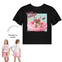 Blusa Menina Meia Malha Penteada Preta com Estampa de Cachorro