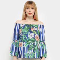 Blusa Mercatto Ombro A Ombro Floral Listras Manga Sino Feminina