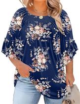 Blusa Micoson Plus Size Floral Plissada com babados e manga curta Blusa Micoson Plus Size Floral Plissada com babados e manga curta