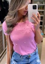 Blusa moda feminina viscolycra aplicação perólada gola rasa