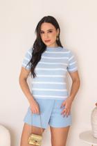 Blusa Modal Feminina Verão Manga Curta Listrada Gola Redonda