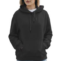 Blusa Moletom Canguru com Capuz Liso Sem Estampa Feminino Juvenil Preto