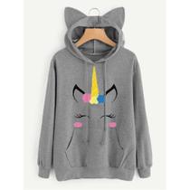 Blusa Moletom Canguru Orelhinha Unicornio Feminino em algodão