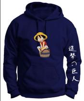 Blusa Moletom Flanelado Adulto e Infantil Monkey D. Luffy Barril Com Bolso Canguru e Capuz - Azul