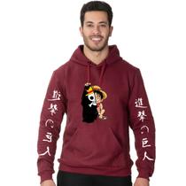 Blusa Moletom Flanelado Adulto e Infantil Monkey D. Luffy Capa Com Bolso Canguru e Capuz - Bordo