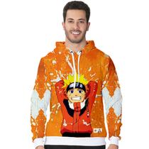 Blusa Moletom Flanelado Adulto e Infantil Naruto Uzumaki Laranja Com Capuz