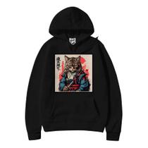 Blusa Moletom Gato Japonês Samurai Com Espada Capuz E Bolso