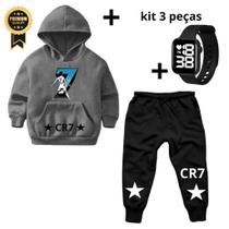 Blusa Moletom Infantil Cr7 Critiano Ronaldo Canguru Juvenil +Calça Moleton Frio Criança + Relogio