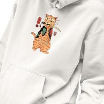 Blusa Moletom Masculino Estampado Gato Samurai em Algodão Fio 30.1 Penteado