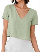 Blusa Mywinway de linho com decote em V, manga curta, cropped, tamanho XL