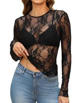 Blusa OFEEFAN em Tule com Bordado em Renda Floral Transparente Preta XL Blusa OFEEFAN em Tule com Bordado em Renda Floral Transparente Preta XL