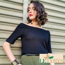 Blusa Ombro-a-Ombro em Malha Tricô Canelada Preta Blusa Ombro-a-Ombro em Malha Tricô Canelada Preta