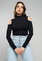 Blusa Ombro Vazado Manga Longa Canelada Preta Salvatore Fashion