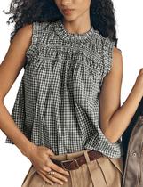 Blusa OPCAKM casual xadrez Babydoll sem mangas Peplum