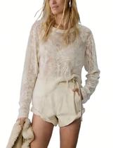 Blusa OPCAKM de renda para mulheres bordada em malha transparente