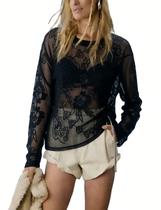 Blusa OPCAKM de renda para mulheres, malha transparente, bordada em preto