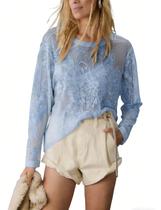 Blusa OPCAKM de renda para mulheres, malha transparente, bordada em preto