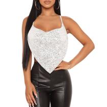 Blusa Paetê Brilho Prata Rosa Top Cropped Festa Balada