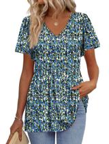 Blusa Peplum OFEEFAN com decote em V, manga curta, azul floral, 2GG, feminina