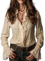 Blusa Pinclodly Ruffle Tops para mulheres com acabamento em renda bege