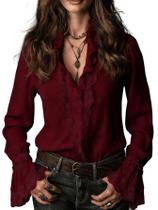Blusa Pinclodly Ruffle Tops para mulheres com acabamento em renda, vinho tinto