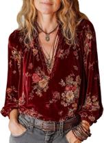Blusa Pinclodly Velvet para mulheres com estampa floral boêmia