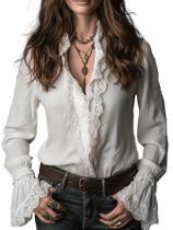 Blusa Pinclodly Western para mulheres com acabamento em renda e babados
