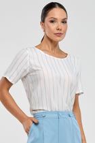 Blusa PKS Em Viscose Com Linho Listrada Azul Blusa PKS Em Viscose Com Linho Listrada Azul