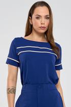 Blusa PKS Manga Curta Com Filetes Azul Marinho Blusa PKS Manga Curta Com Filetes Azul Marinho