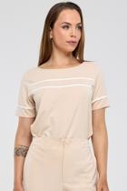 Blusa PKS Manga Curta Com Filetes Bege Blusa PKS Manga Curta Com Filetes Bege