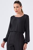 Blusa PKS Manga Longa Botões Ombro Preta