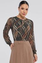 Blusa PKS Manga Longa Estampa Geométrica Marrom