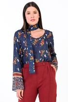 Blusa PKS Manga Longa Estampada Floral Marinho-P