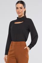 Blusa PKS Manga Longa Gola Alta com Botões Preta