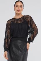 Blusa PKS Manga Longa Renda de Tule Preta