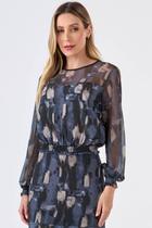 Blusa PKS Manga Longa Tule Estampa Blue Stone