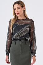 Blusa PKS Manga Longa Tule Estampa Olive Green