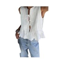 Blusa Plissada Sem Mangas De Linho Branco Para Mulheres Moda Verão 2024 Camisa Casual Com Laço Blusa Plissada Sem Mangas De Linho Branco Para Mulheres Moda Verão 2024 Camisa Casual Com Laço