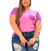 Blusa plus size bolso e manga paetê Viscolycra roupas femininas