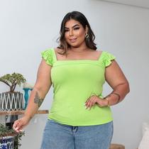 Blusa plus size canelada alça babado tamanho grande feminino estilo