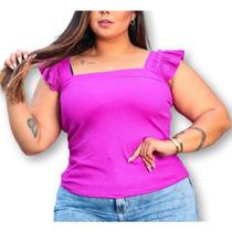 Blusa plus size canelada alça babado tendência feminina