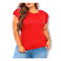 Blusa plus size canelada gola rasa manga 2 babados moda fashion