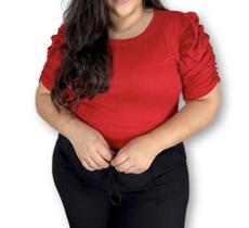 Blusa plus size canelada gola rasa manga bufante drapeada feminina