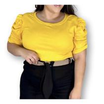 Blusa plus size canelada macia gola rasa manga bufante drapeada feminina