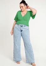 Blusa Plus Size Canelada Manga Curta e Decote Transpassado - Lunender - Verde / Preto